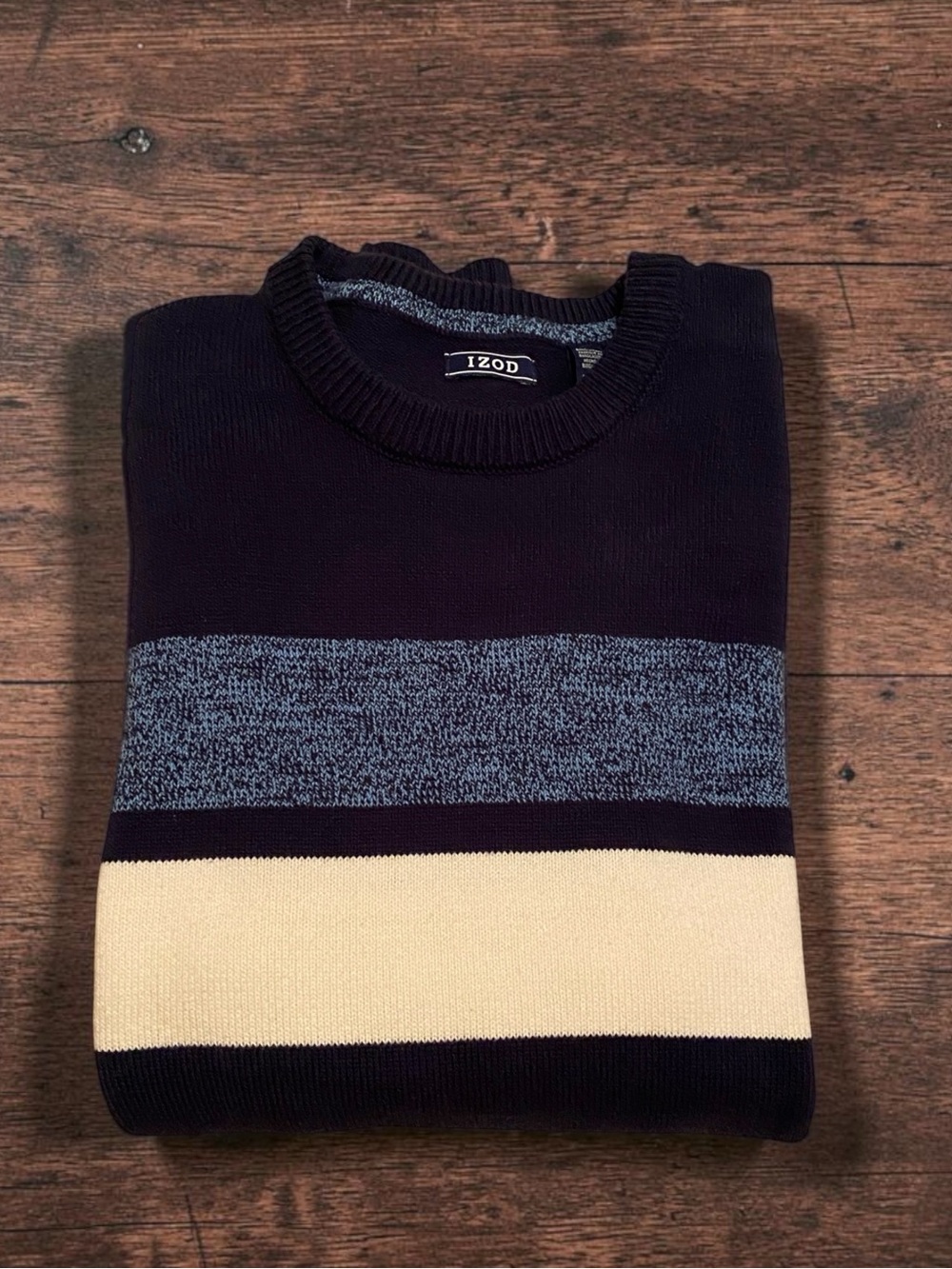 Izod Men's Navy Crewneck Sweater with Blue and Cream Stripes Size XL